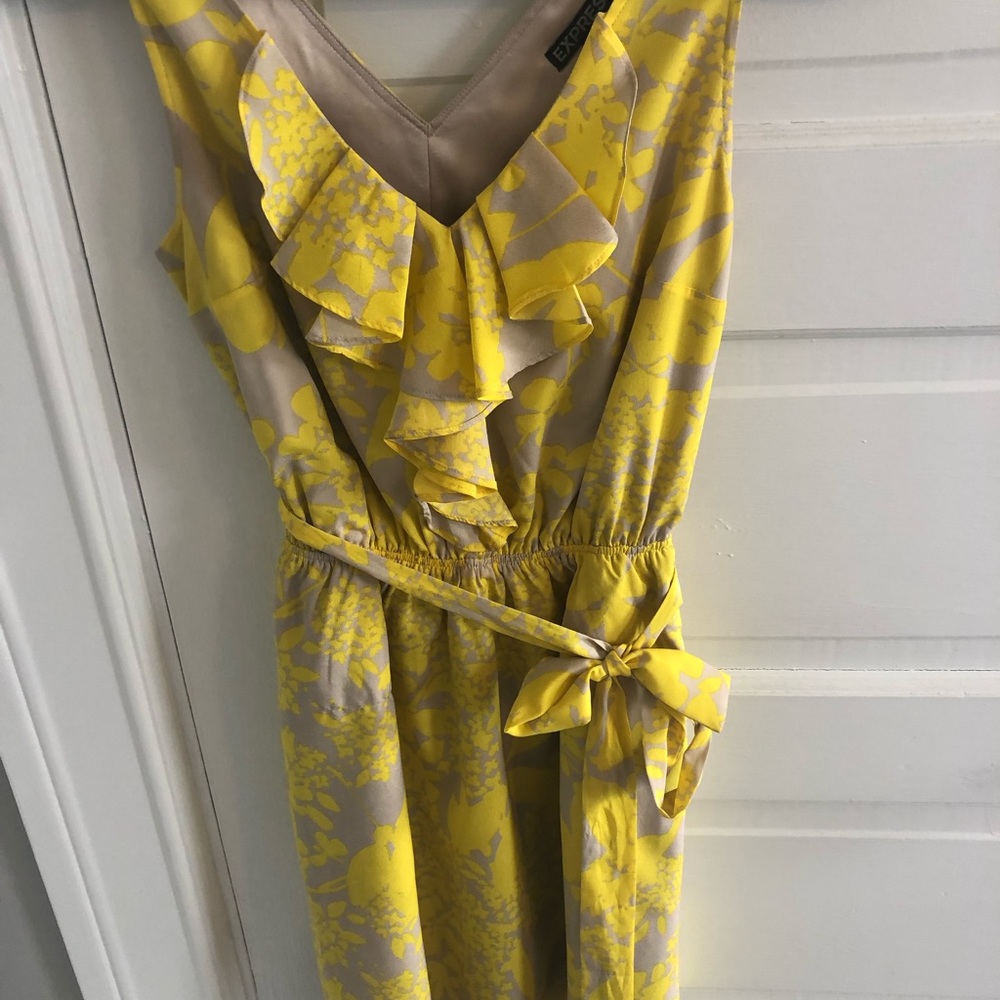 Yellow V Neck dress with ruffle detail and belt